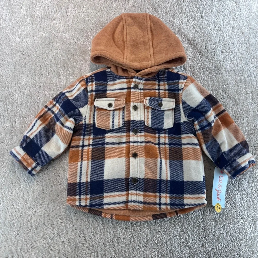Cat & Jack Toddler Boys Cream Navy Orange Plaid Hooded Fleece Shacket 18M NEW